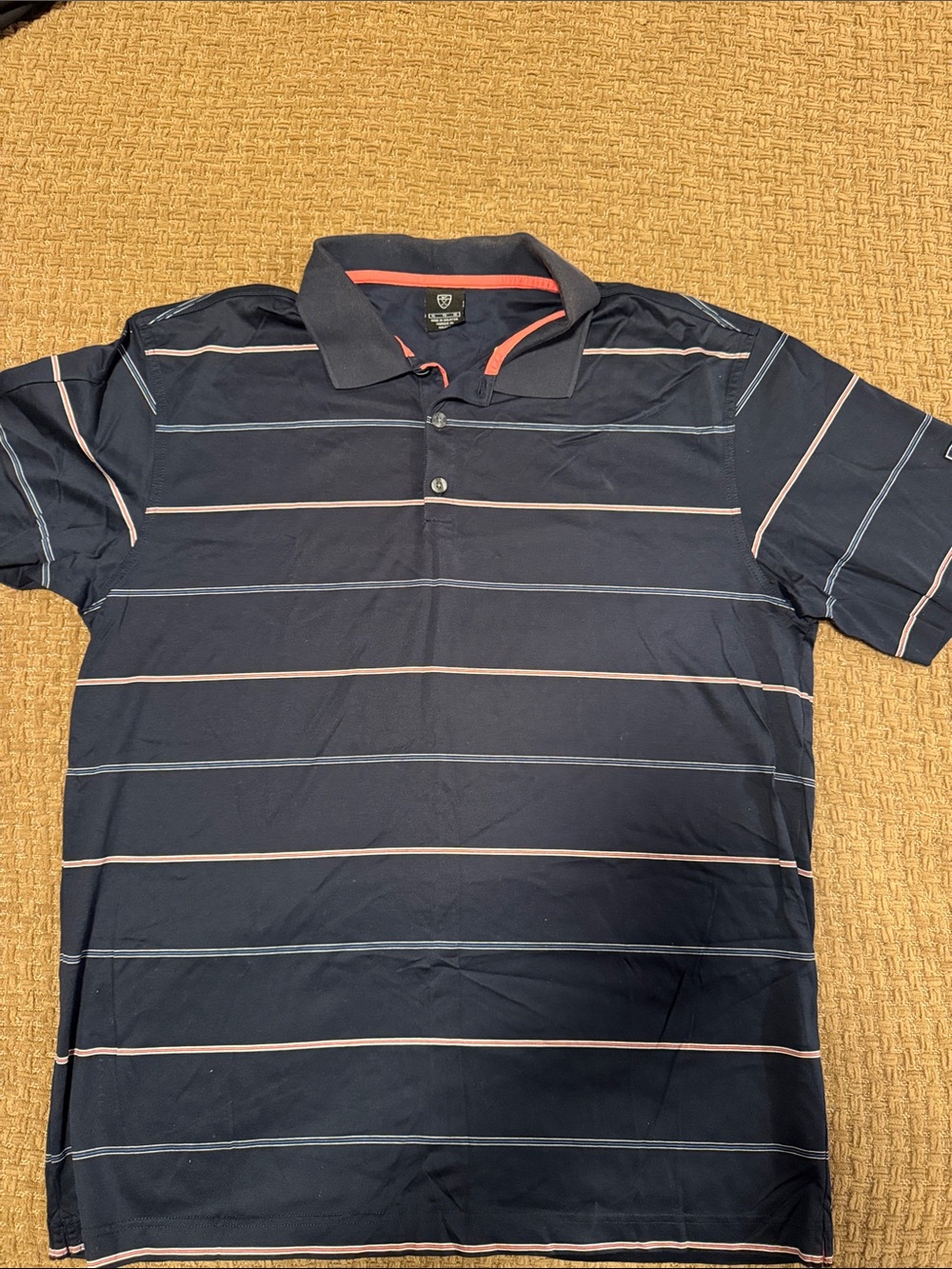 Vintage Nike Men's Navy Polo with Light Pink and Light Blue Stripes